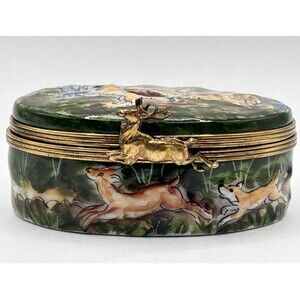 Limoges Dogs Chasing Deer Hunting Scene Porcelain Trinket Box Oval France Vtg
